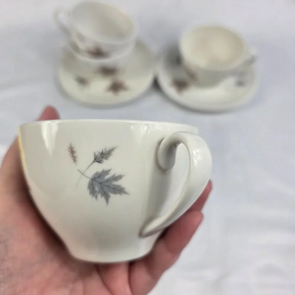 FOUR Royal Doulton Tumbling Leaves Cup & Saucer Sets Gray & Pink Leaves
